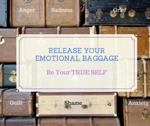 Energy healing releases our emotional baggage. Suitcases with emotions written on them.
